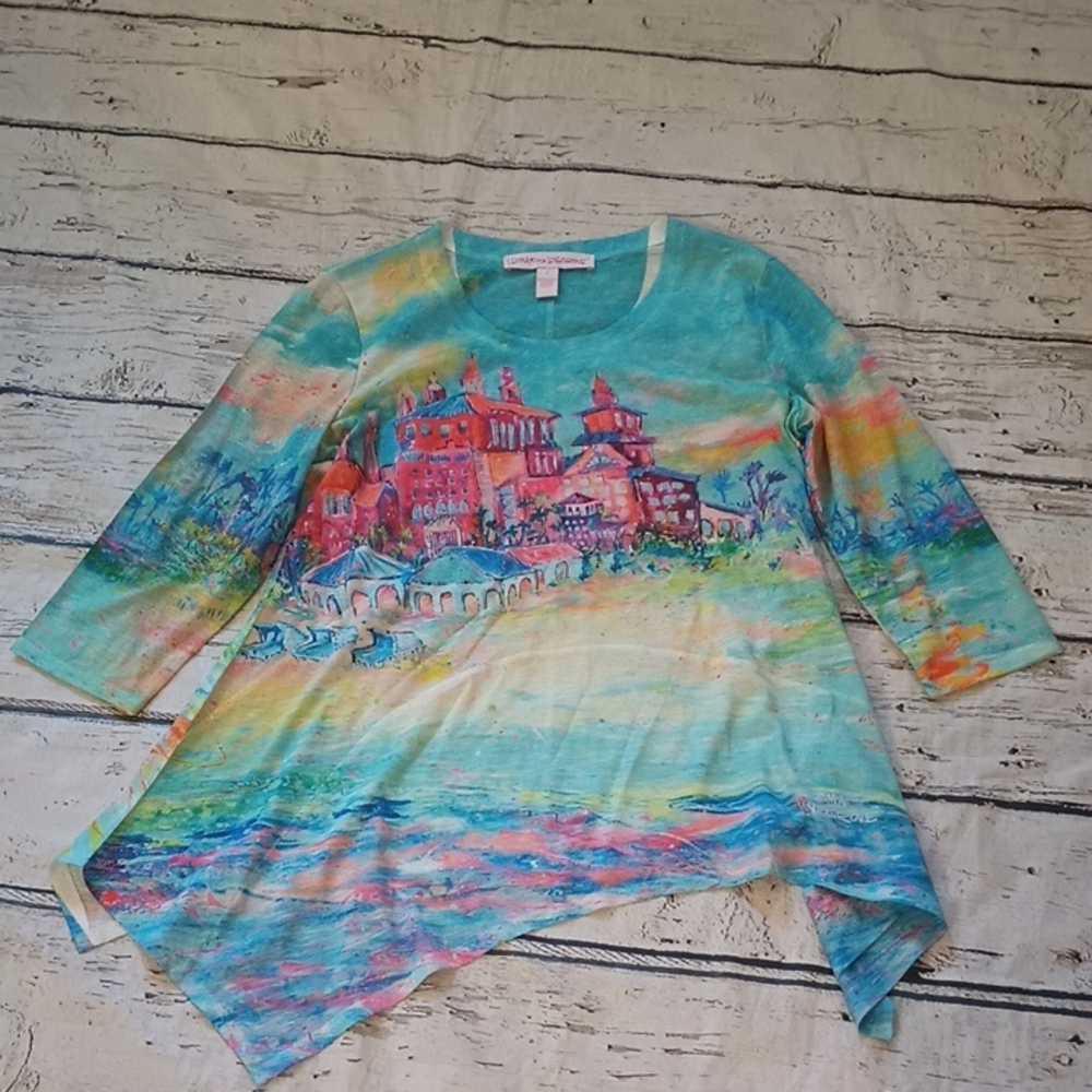 Leoma Lovegrove Blue Pink Seaside Resort Print Sharkbite Tunic Top M